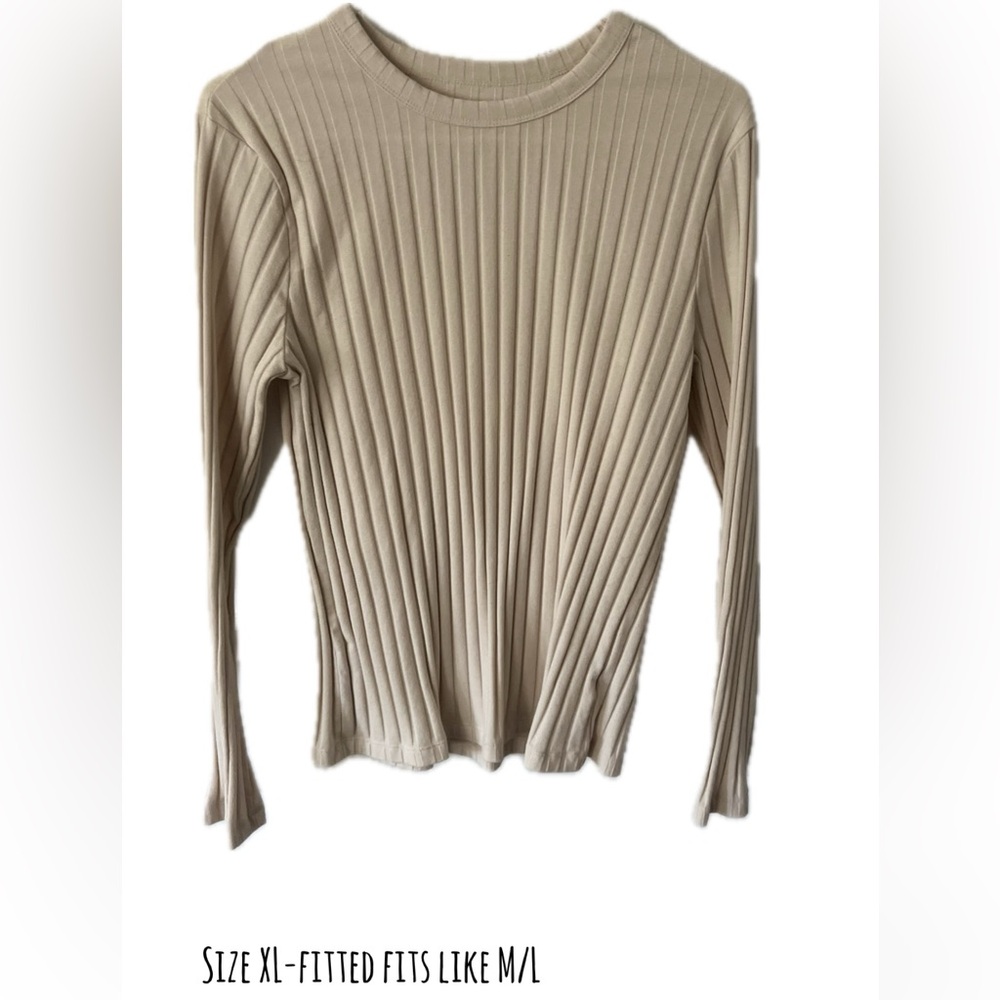 Cream Ribbed Long Sleeve Top